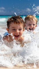 Two young boys are playing in the ocean, laughing and splashing in the waves