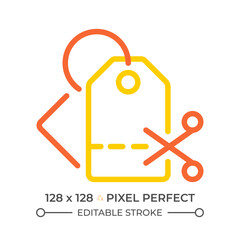 Price cutting two color line icon. Sale tag. Discount deal. Consumerism. Price tag and scissors bicolor outline symbol. Duotone linear pictogram. Isolated illustration. Editable stroke