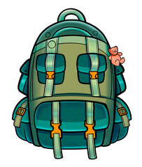 Line drawing backpack game object children coloring back to school clip art design cartoon detailed 2D art flat illustration prop set outline hiking sports bag flat style