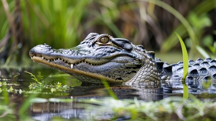 Obraz premium In the wetlands, an alligator glides silently through the water, its eyes and snout barely visible above the surface.