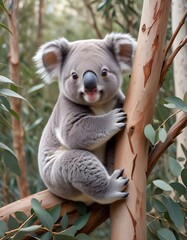 Obraz premium A cuddly koala bear clings to its favorite spot at tree surrounded by the soothing scent of gum leaves
