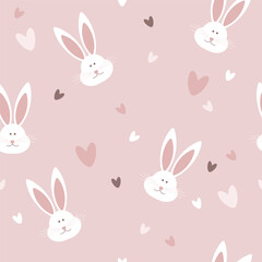 Seamless background with cute cartoon hares on a pink background. Children's pattern with white rabbits. Suitable for wallpaper, textile, wrapping paper, fabric , baby clothes print, home textiles.
