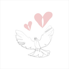 Continuous lineart of dove of piece with oink heart vecto illustration. Flying pegion silhouette with heart shapes for love, valentines, couple card design. Label, logo,poster decor 