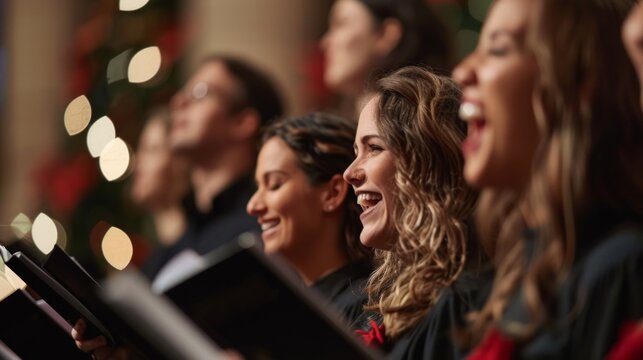 Close up of people choir members holding singing book while performing in a cathedral