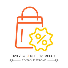 Promotion two color line icon. Fashion sale. Loyal customer. Shopping bag and percentage symbol bicolor outline symbol. Duotone linear pictogram. Isolated illustration. Editable stroke