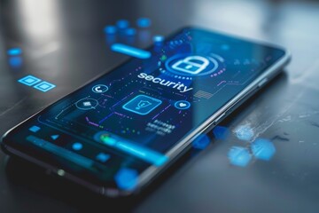 close up of a modern smartphone with security symbols, "security" appears on the smartphone screen, securiti concept, secure connection, online protection, antivirus