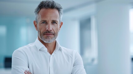 Obraz premium A professional middle-aged man standing assertively, arms crossed, looking at the camera, a soft-focus high-tech office environment.