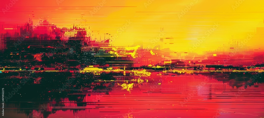 Poster grunge orange yellow colors digital glitch background. screen tv error screen damage distortion. gen