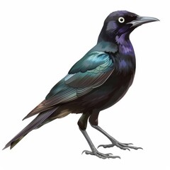 Fototapeta premium A black bird with a blue wing is standing on a white background