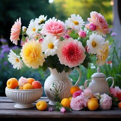 Elegant Garden Bouquet in Decorative Vase: Vibrant Flower Arrangement with Colorful Roses, Daisies,  Accompanied by Fresh Decorative Dishes in a Beautiful Outdoor Setting