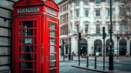 A red telephone booth is in the middle of a busy street with a clock tower