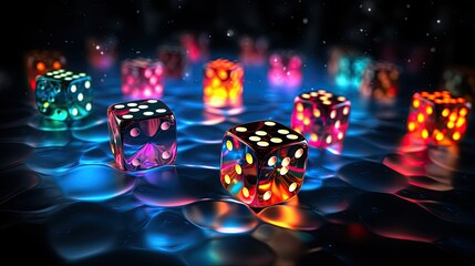 3d colorful dice glowing on black background 