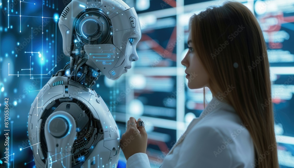 Aufkleber human and robot in a hightech control room demonstrate modern ai and data analysis, showcasing colla