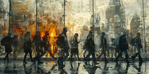 Double exposure image of many business people conference group meeting on city office building in background showing partnership success of business deal. Concept of teamwork, trust and agreement.