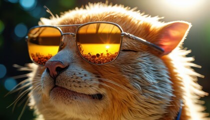 Cat in Sunglasses with Sunset Reflection.