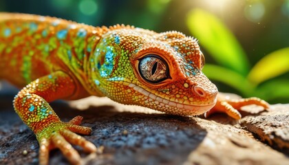 Close-up of a Gecko with Bright Orange and Green Skin.