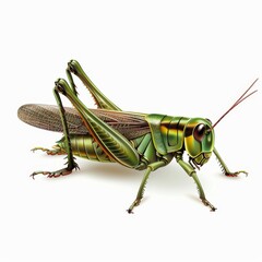 A green grasshopper with long legs and antennae
