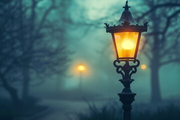 A vintage street lamp glowing in the fog, with a softly blurred background of a misty park and pathways 