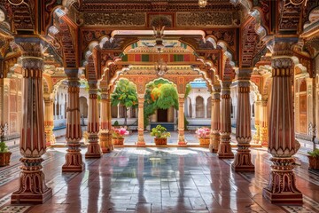 Fototapeta premium Intricately designed traditional Indian architecture with ornate pillars and vibrant decor, capturing the essence of cultural heritage.