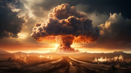  Nuclear explosion mushroom cloud in the desert, concept of armageddon and war, global destruction. 
