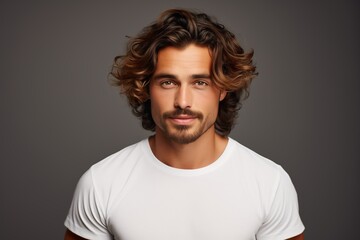 Obraz premium A handsome man with wavy hair in a white t-shirt, in a studio shot, isolated on a gray background, with soft light, portrait photography.