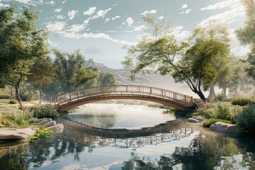 Fototapeta premium Scenic view of a tranquil river with a wooden bridge and lush greenery under a bright sky, reflecting in water.