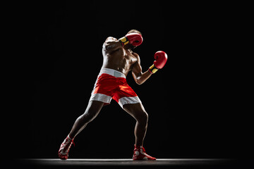 Confident athlete in red and white boxing shorts, preparing for next round, training isolated on black background. Concept of professional sport, active lifestyle, body, strength