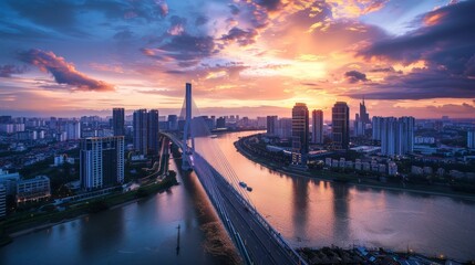 Stunning cityscape at sunset with a river flowing through an urban landscape, showcasing the contrast of nature and modern architecture.