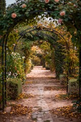 Obraz premium An archway covered in vines and flowers, with a softly blurred background of a charming garden pathway