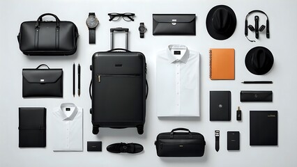 Flat lay of black travel essentials for men.