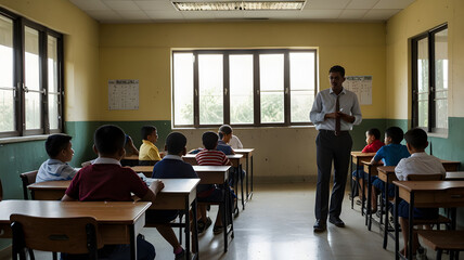 Group of students studying in classroom and Teacher teach students Knowledge For All 