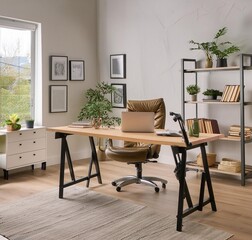 A stylish home office with a large wooden desk, ergonomic chair, and bookshelves filled with books and decor