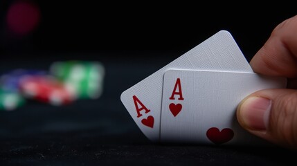 Gambling. Two aces in hand in black colored playing cards background