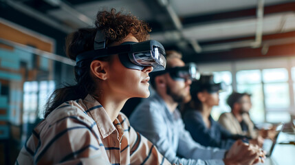 group of young professionals in an office setting, each wearing VR headsets and looking engaged with digital interfaces that appear to be on the walls around them