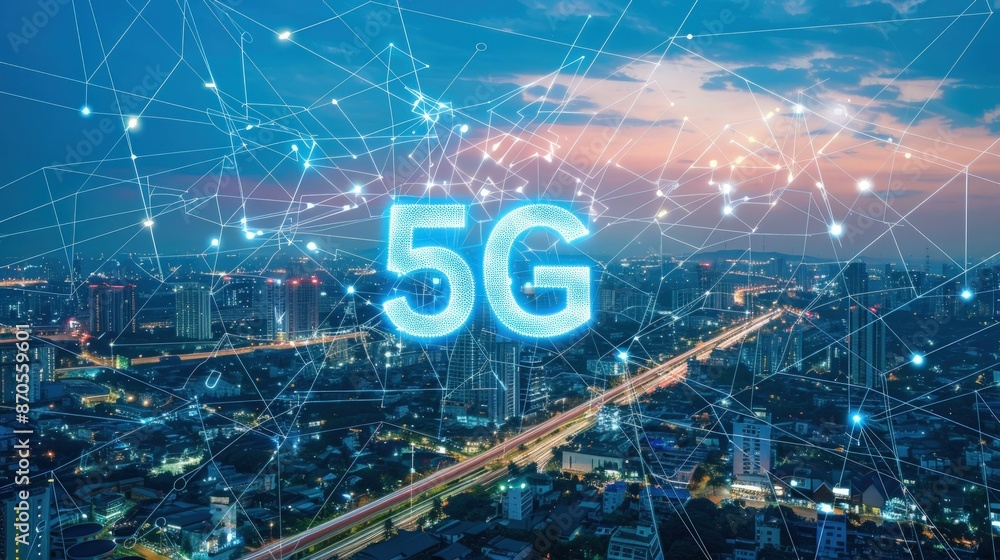 Sticker 5G Network in a Modern Cityscape