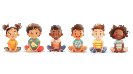 Diverse Group of Kids on White Background, illustration for kindergarten or similar 