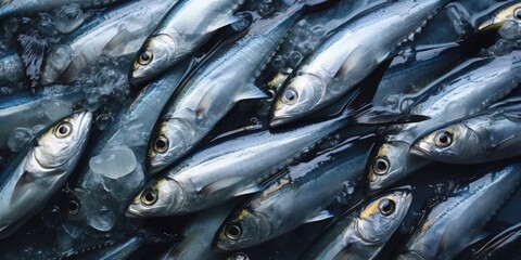 Obraz premium Fresh Catch: A Close-Up of Mackerel on Ice, A large group of sardines, Photo of a pile of sardines