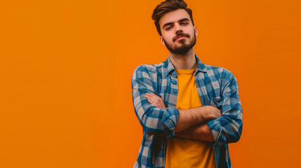 Fototapeta premium A millennial man in a casual shirt, posing confidently with a solid orange background