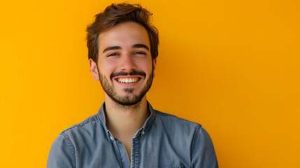 Fototapeta premium A millennial man in a happy, confident pose, smiling at the camera against a solid yellow background
