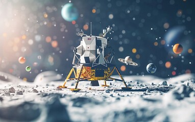Naklejka premium A tiny lunar lander, nestled on the moon's surface, gazes up at a sky filled with twinkling stars and friendly planets.