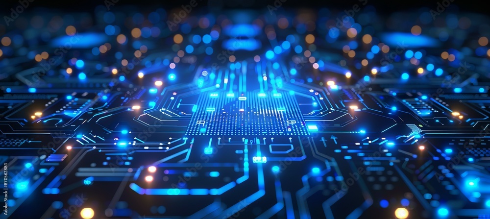 Poster Glowing blue circuit network motherboard. Wireless data transfer process. Generative AI technology.	
