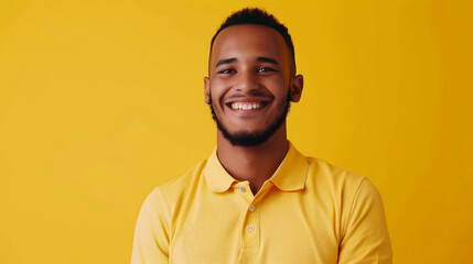 Obraz premium A millennial man in a polo shirt, confidently smiling at the camera against a solid yellow background