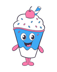 Cartoon Ice cream icon logo, summer elements design, fun ice cream in paper cup with berry and sprinkles with straw, isolated on white background.