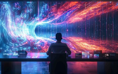 Surrounded by glowing screens displaying intricate holographic patterns and vibrant data streams flowing across the wall, a digital artist sits immersed in their creative workspace.