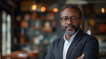 businessman corporate portrait in office, mature black middle aged manager business man. Portrait of happy african man wearing spectacles and looking at camera.