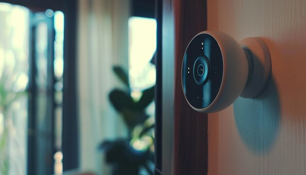 Close-up of a smart home security camera installed on a wall next to a window, with blurred background. AIG62