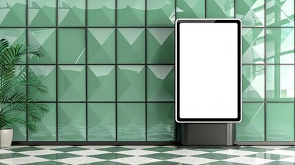 Modern digital kiosk with a blank screen in a greenwalled room with geometric tiles, customizable advertising space