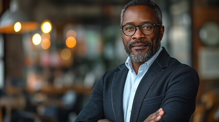 businessman corporate portrait in office, mature black middle aged manager business man. Portrait of happy african man wearing spectacles and looking at camera.