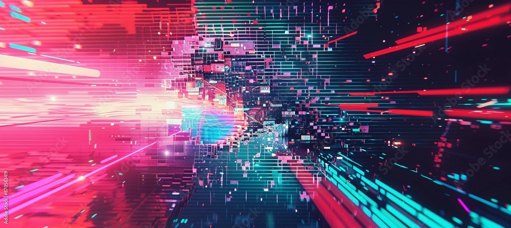Poster Abstract particle digital glitch background. Screen TV error screen damage distortion. Generative AI technology.	
