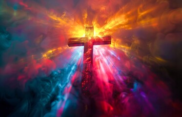 Fototapeta premium Light beams converge to form a cross against a backdrop of swirling, colorful smoke, creating an ethereal and spiritual atmosphere with high contrast lighting and vivid hues.